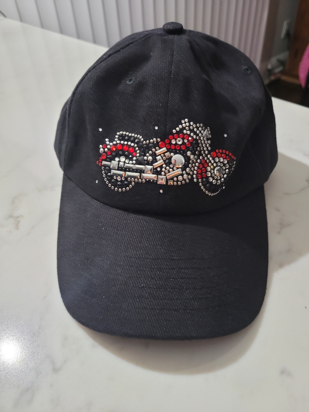 Christine Alexander Black Hat with Red & Silver Studded Motorcycle